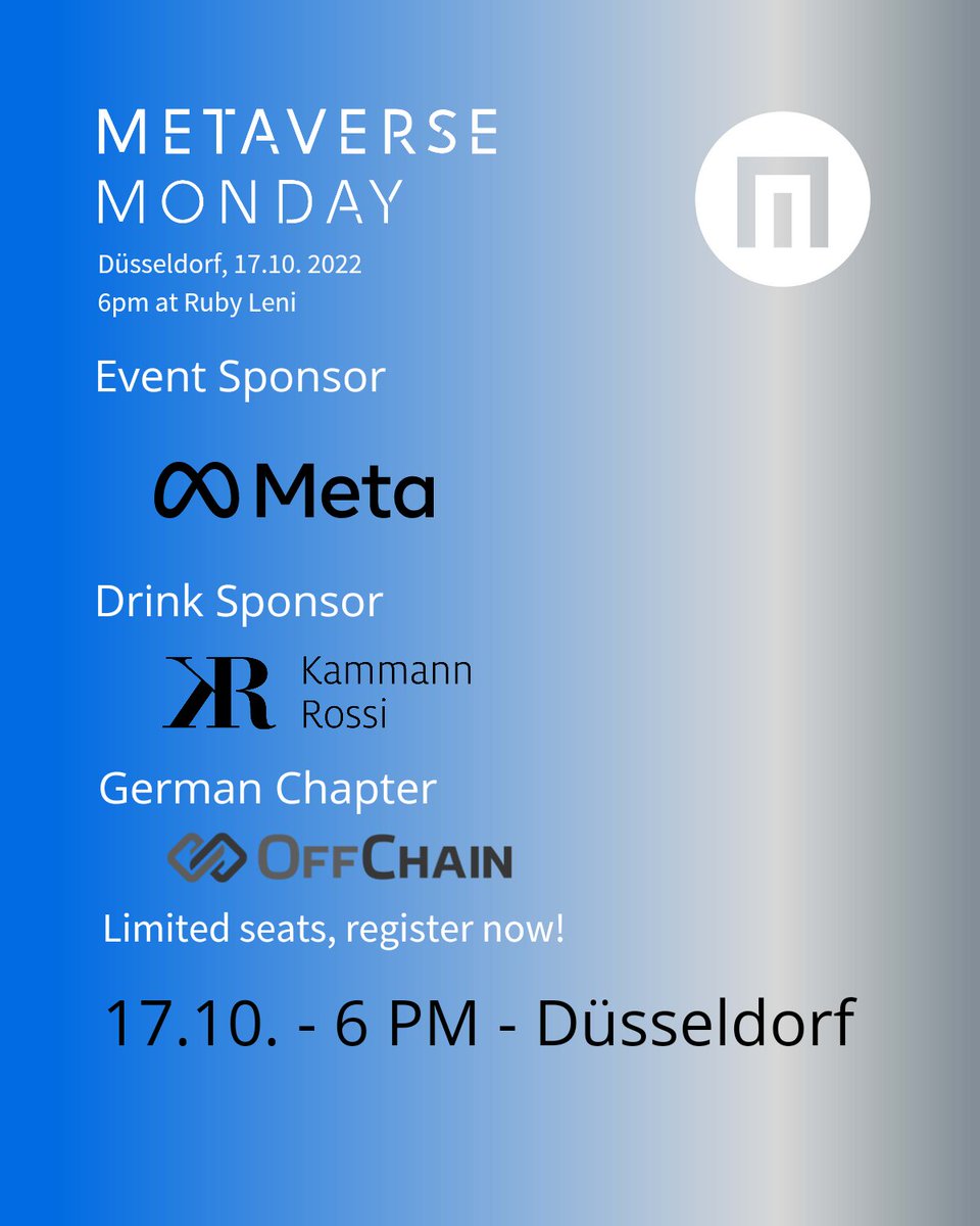 Meta_Monday's tweet photo. Thanks to our sponsors making today possible! @Meta @KammannRossi @carstenrossi #Metaverse #MetaverseMonday https://t.co/Zfng0bAJNK