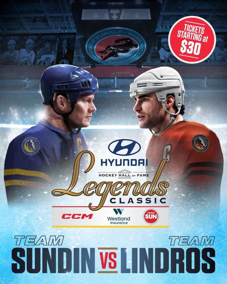 Get your tickets for the Hyundai @HockeyHallFame Legends Classic, where Mats Sundin, @88EricLindros, Henrik and Daniel Sedin, @DAlfredsson11, @strombone1 and more will be taking the ice: hhof.com/legendsclassic