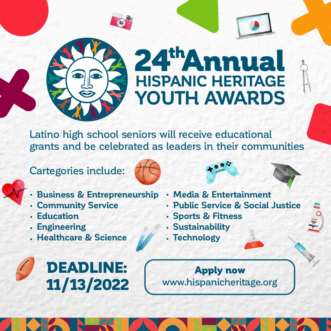 There is still an opportunity for you to become a #LeaderOfToday! The applications for the 24th Annual Hispanic Heritage Youth Awards are still available online and must be submitted no later than 11/13, 2022. Visit hhfyouthawards.com and APPLY TODAY! #YA24 #HHFYouthAwards24