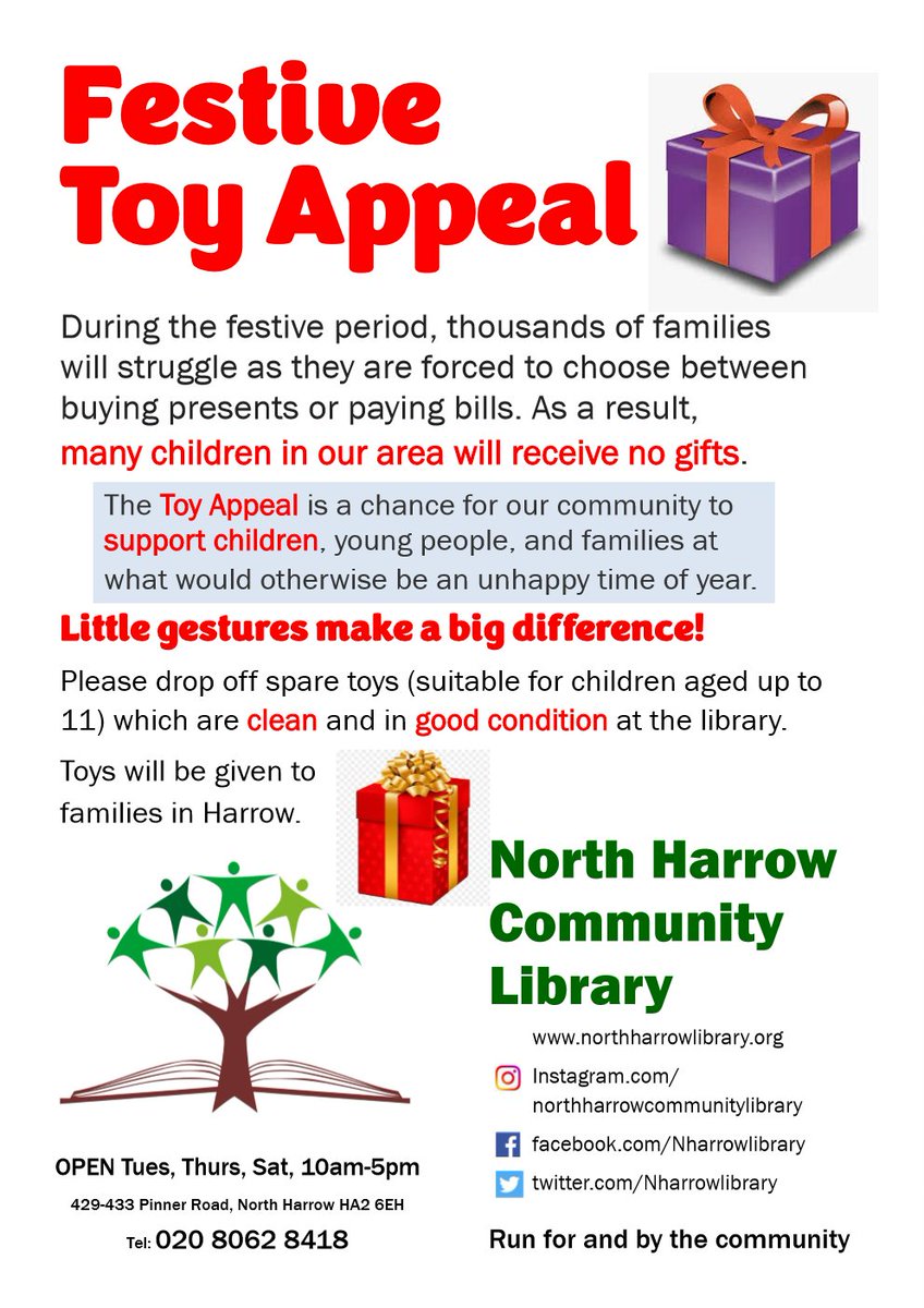 Nharrowlibrary's tweet photo. As a library, we're setting up a really important initiative. In the lead up to Xmas, we're asking for donations of toys which will be distributed to children in Harrow who might not receive any gifts this year. All details in the poster below.  Please share widely. https://t.co/VU7OxdjODO