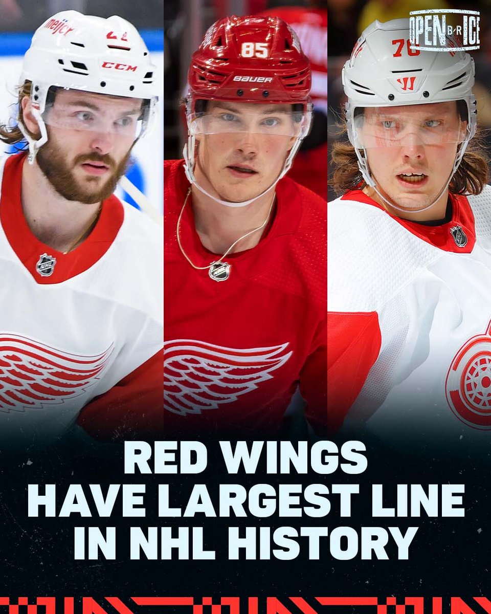BR_OpenIce's tweet photo. The Red Wings have iced the biggest line in NHL history, with an average size of 6'6", 230 lbs 😳

They combined for six points in their first game together. https://t.co/Zjjb7Ffp0t
