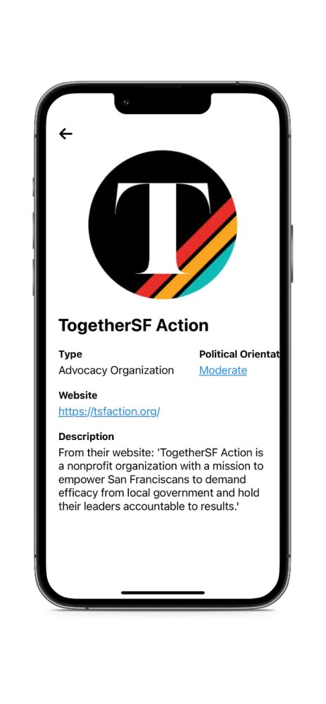VoteSF_app's tweet image. New data update (1/2): we've added data for @TSFAction! TogetherSF Action is a non-profit helping San Franciscans better understand and participate in local government. Check out their #VotingGuide for the #SanFrancisco #Election!