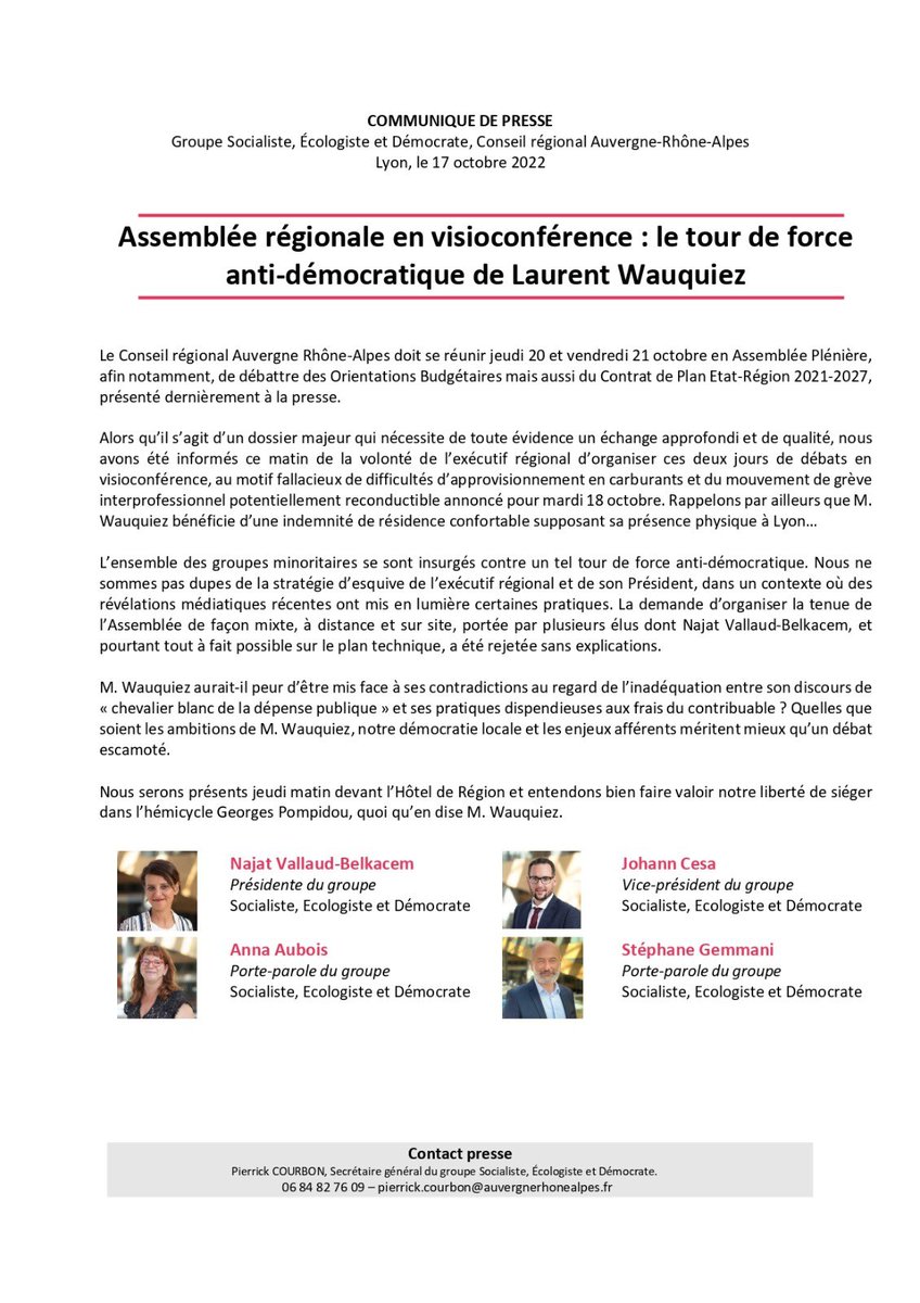 🚨 [COMMUNIQUÉ DE PRESSE]

👉 Assemblée régionale en visioconférence : le tour de force anti-démocratique de Laurent Wauquiez