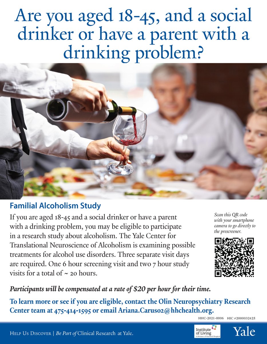 yalediscovers's tweet photo. 18-45 social drinker or have a parent w/a drinking problem? Participate in a research study about alcoholism, examining possible treatments for alcohol use disorders. 3 separate visit days &amp; compensated $20 per hour. Learn more 475-414-1595 or email Ariana.Caruso2@hhchealth.org. https://t.co/gTLAi5qvWj