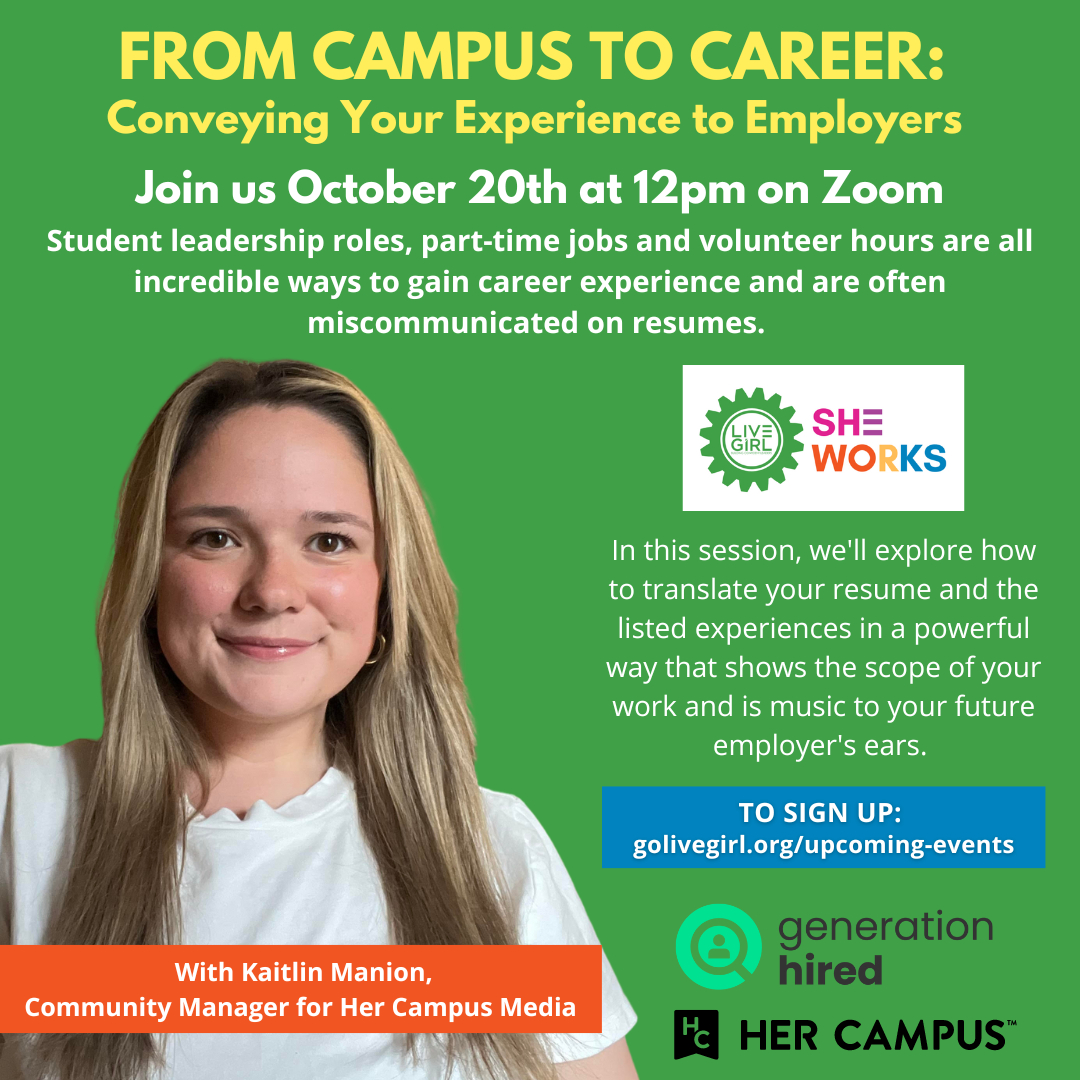 Calling all college students who want their resumes to stand out to future employers‼️

Join us this Thursday October 20th at 12 pm on Zoom with Kaitlin Manion from @hercampus and @generationhired and Our Director of Career Readiness, Alison Waller!

✅Student leadership rol