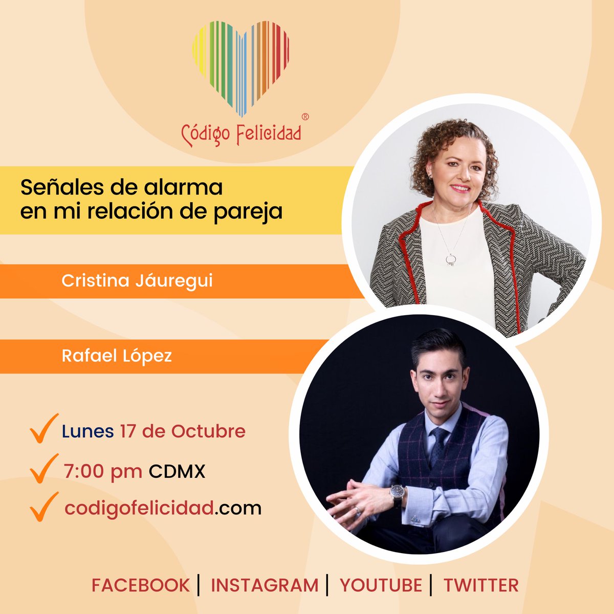 CodigoFelicidad's tweet photo. Como cada lunes, te esperamos en punto de las 7:00 pm en #CódigoFelicidad para escuchar a @CrisJauregui_ y Rafael López, quienes conducirán la plática sobre las señales de alarma en las relaciones de pareja. ¿Sabes cómo ubicarlas? 

Sigue la transmisión en nuestras redes. https://t.co/sajdJplsiJ