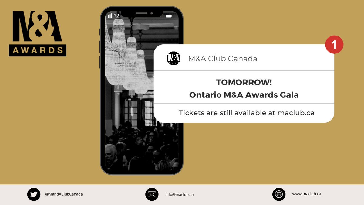 The first-ever #Ontario M&amp;A Awards Gala🏆 is TOMORROW! Tickets and tables are still available through our website: maclub.ca 

#MAAwards #OntarioEconomy #MergersandAcquisitions #Networking #Financing #PrivateEquity #Awards #MAClub #DealoftheYear