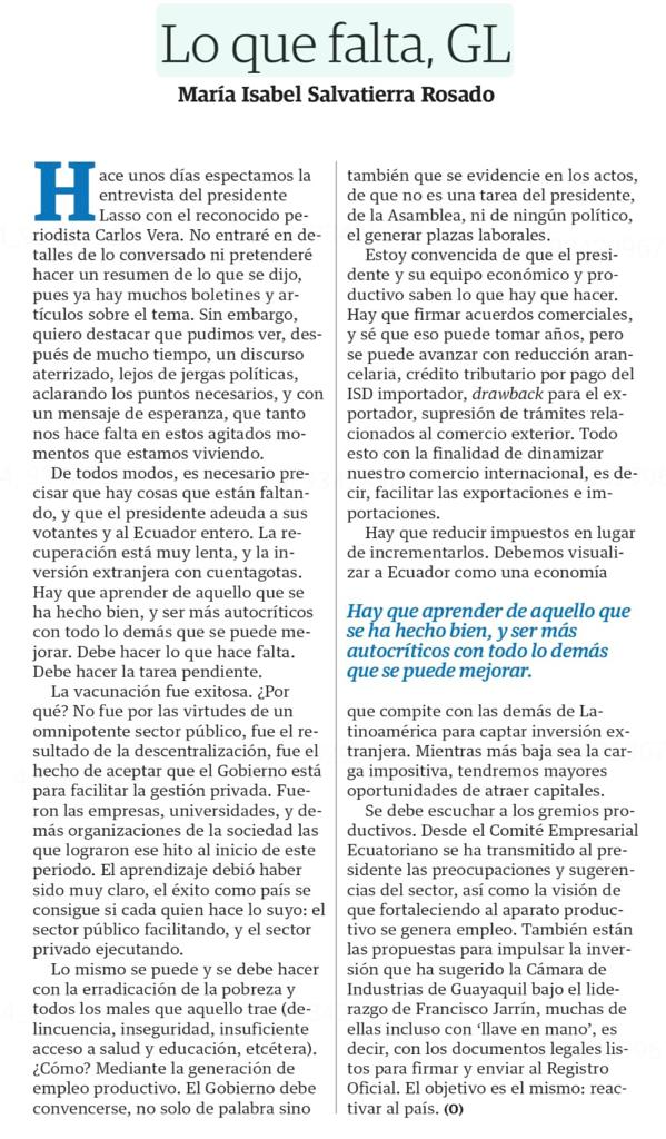 Las tareas pendientes de <a href="/LassoGuillermo/">Guillermo Lasso</a>

La recuperación muy lenta, y la inversión extranjera con cuentagotas. Hay que aprender de lo que se ha hecho bien, y ser más autocríticos con todo lo demás que se puede mejorar

Mi artículo de hoy en <a href="/eluniversocom/">El Universo</a>
eluniverso.com/opinion/column…