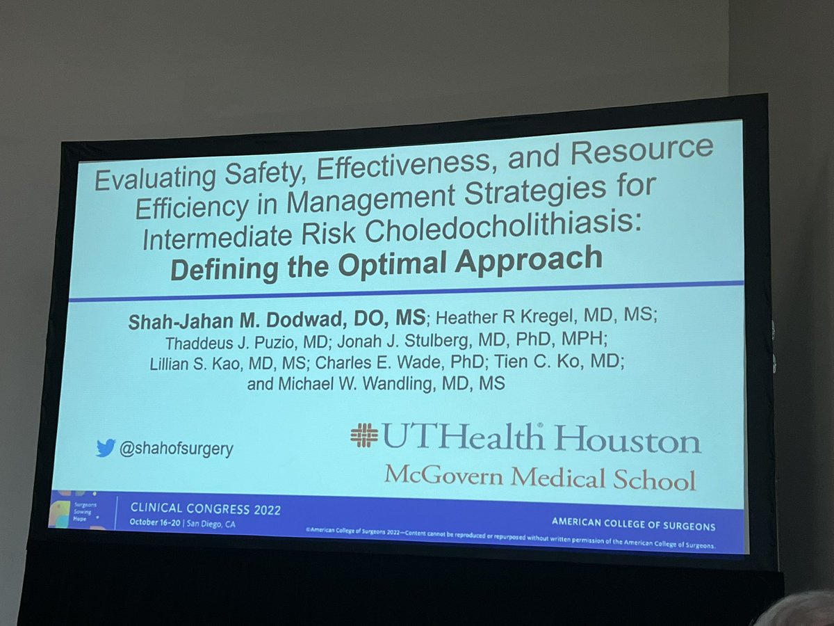 m_wandling's tweet photo. Congrats @shahofsurgery on a great presentation on the benefits of heading straight to the OR for LC+IOC in intermediate risk choledocholithiasis at the #ACSCC22 @UTHealthACS @UTHealthSurg @AmCollSurgeons https://t.co/XFw63ecj7F