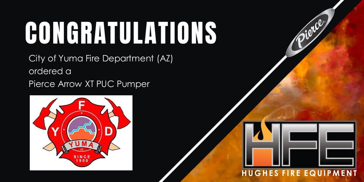 HughesfireHFE's tweet image. Thank you #YumaFireDepartment (AZ) for the recent order of a #ArrowXT PUC Pumper. Congrats on the upcoming addition. Thanks for choosing #PierceMfg &amp;amp; #HughesFire. 
Job #39390
Sales Rep: Marty Roberts
#FireFightersChoosePierce #PerformLikeNoOther #YumaAZ #ArizonaFireFighters