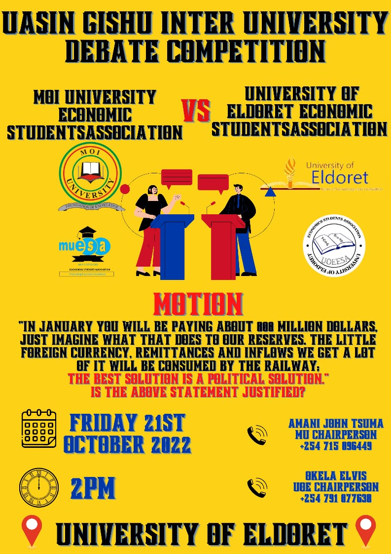 MUESA6's tweet photo. DEBATE! DEBATE!

MOI UNIVERSITY ECONOMICS STUDENTS ASSOCIATION VS UNIVERSITY OF ELDORET ECONOMICS STUDENTS ASSOCIATION

Proposers: UOE
Opposers: MOI 

HOST: UNIVERSITY OF ELDORET https://t.co/7dyYLkSwqO