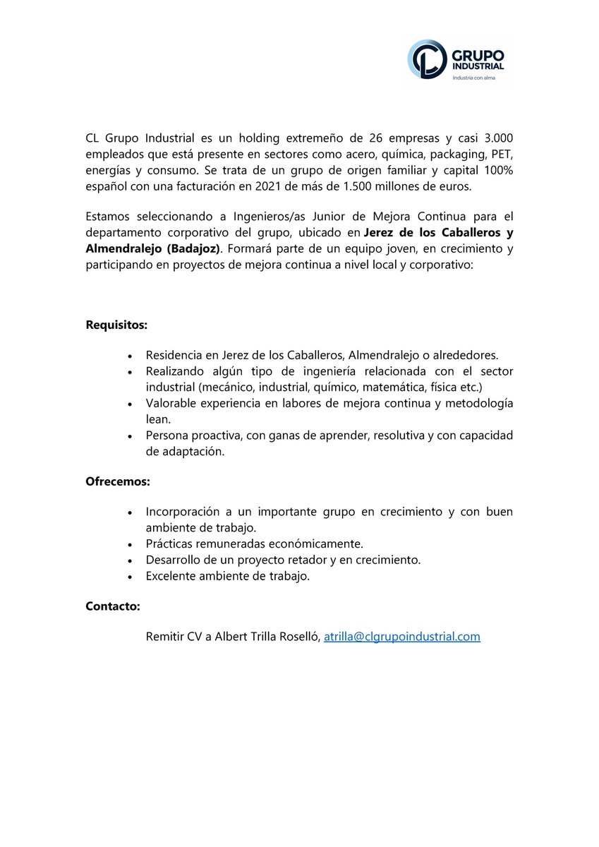 Nueva oferta de prácticas con opción a incorporación en CL Grupo Industrial para estudiantes de la <a href="/eii_uex/">E.II.II. UEx</a> de la <a href="/infouex/">UEx</a>. @consejoeii <a href="/AlumniUEx/">AlumniUEx</a> 
linkedin.com/company/cl-gru…