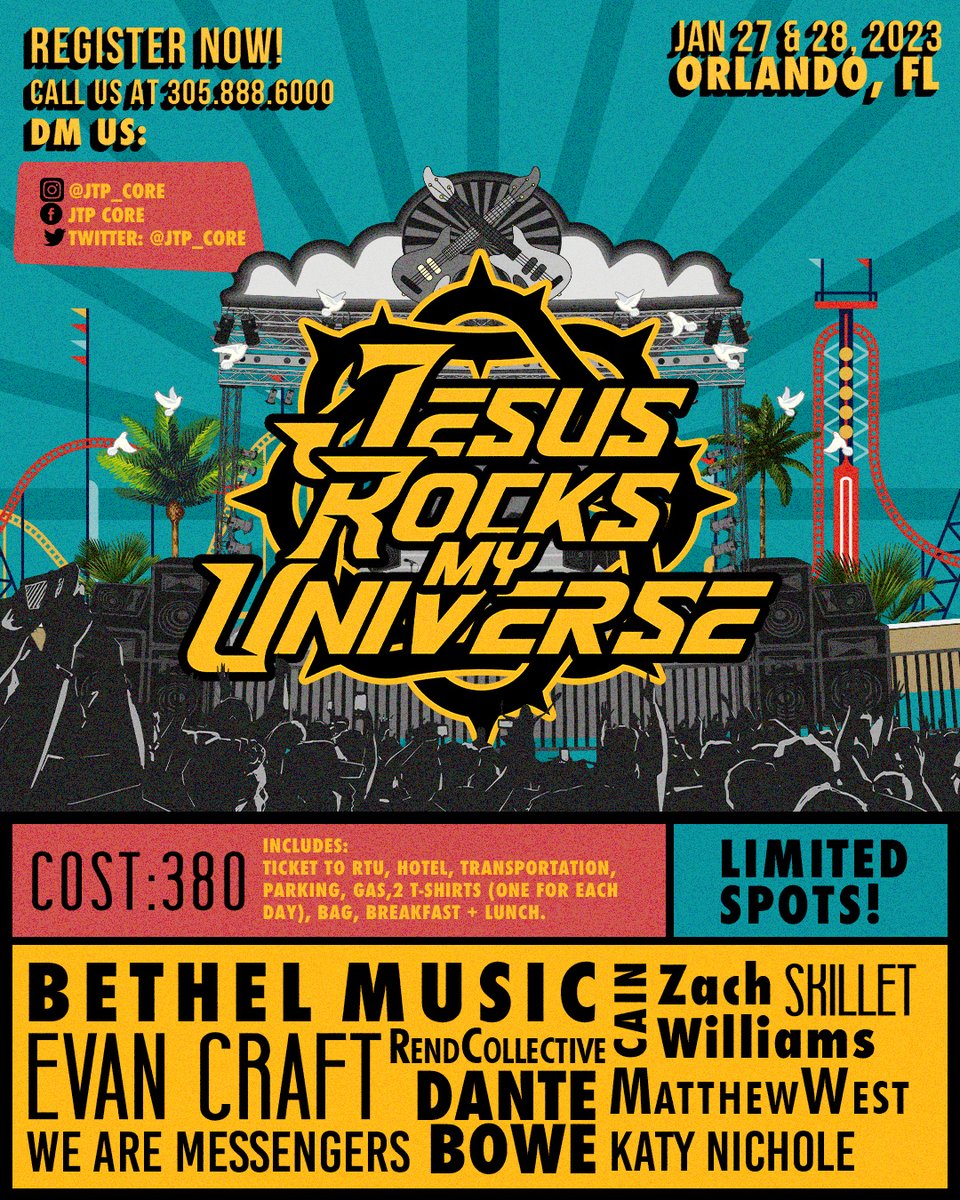 NEWS IS OUT 🎉
We are going to Rock The Universe 2023 ‼️

We have limited spots! Send us a DM, leave us a comment or call us at 305-888-6000 to join us!

** See flyer for all info 🙌🏻

#JTPCore #RockTheUniverse #Orlando #Florida #BethelMusic #DanteBowe #EvanCraft #Skillet