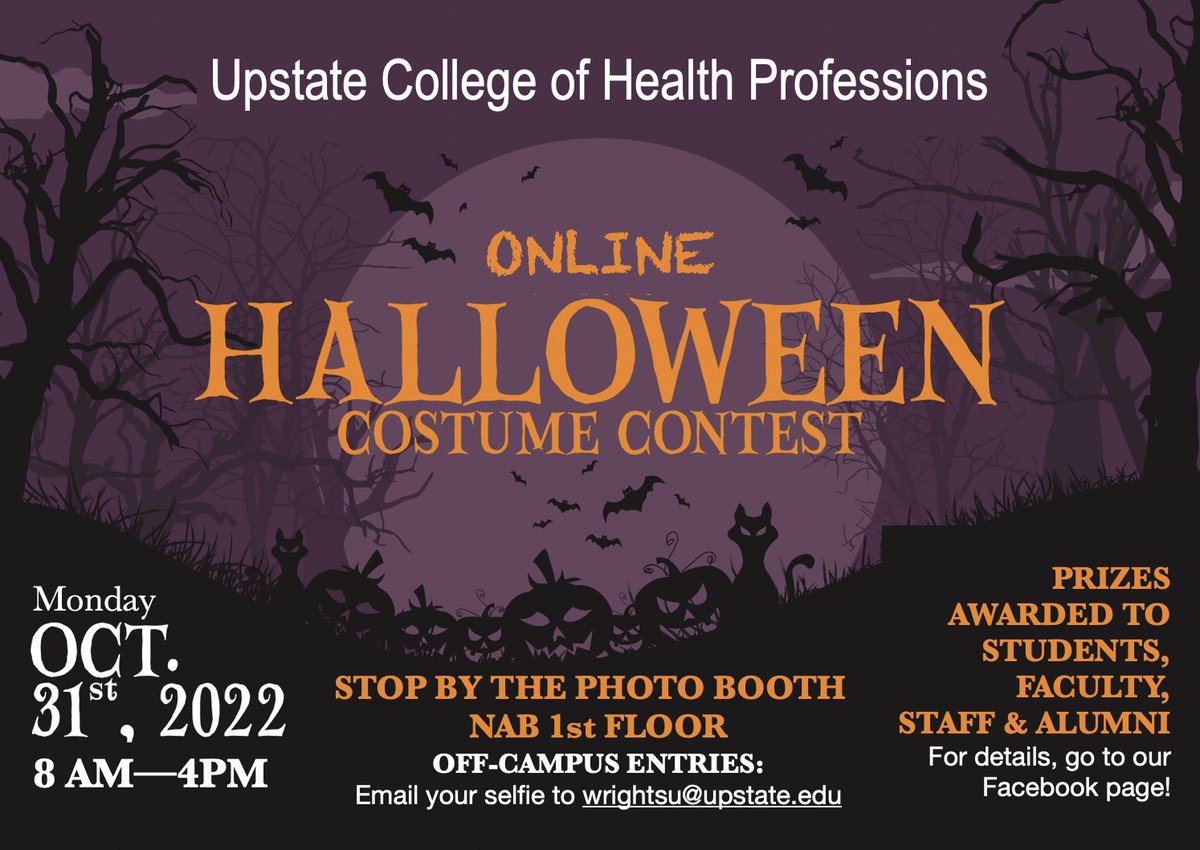 of_suny's tweet photo. The Dean's Office is hosting a HALLOWEEN COSTUME CONTEST! We're inviting the entire college, FACULTY, STAFF,  STUDENTS, and ALUMNI to email selfies/photos of themselves in your health professions themed costume. #chpcommunity #chpatupstate https://t.co/uWE4WXK4TW