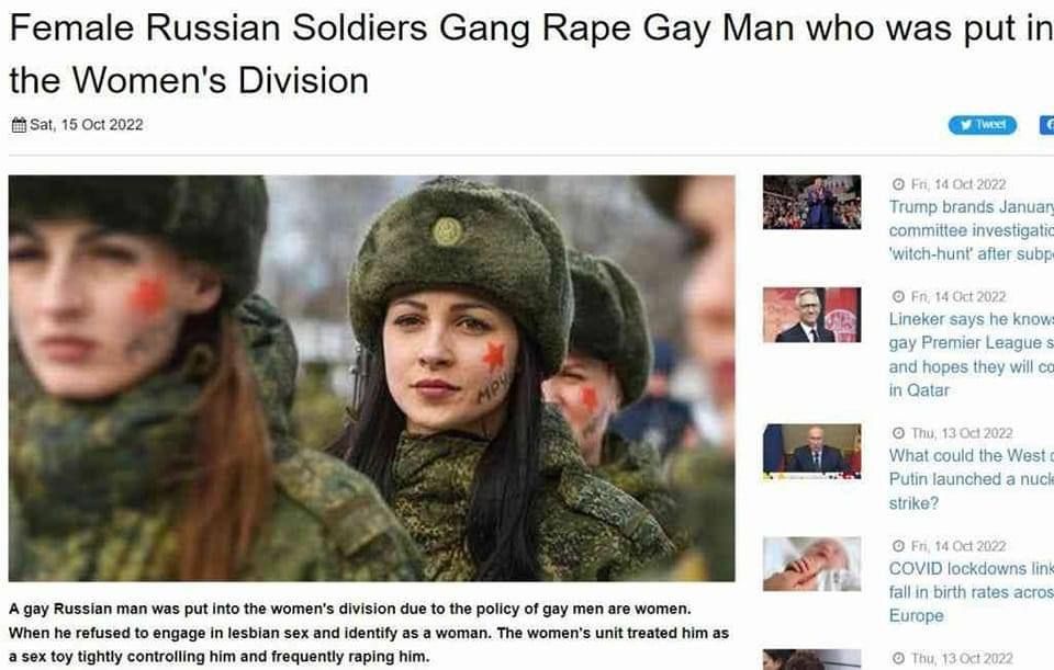 GemmaSerranoM1's tweet photo. ‼️⚡Mujeres soldados rusas violaron colectivamente a un hombre gay. Estas son las "noticias occidentales" 
@Dvdzov @RedStar_Koba @D_Inclusiva @Marcelo25450618 @TernovskyVictor @Manuuko71 https://t.co/1vDOTtwefe