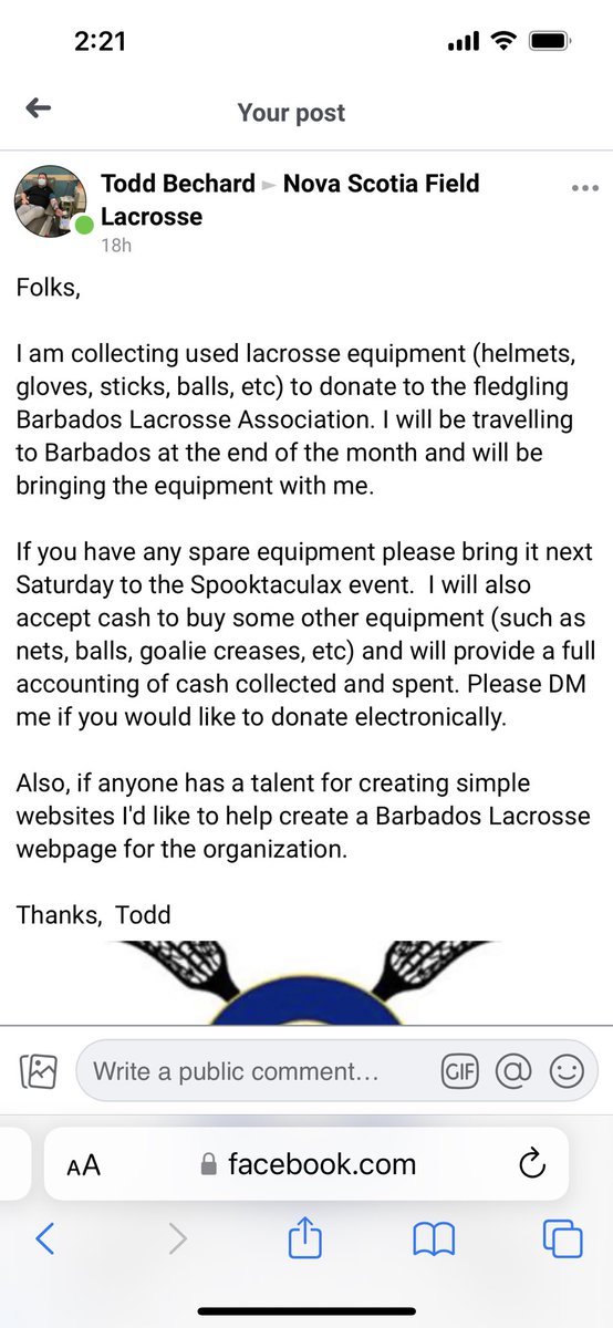 Please see below… I am collecting equipment (or cash to buy equipment) for the Barbados Lacrosse Association. I will be delivering the items at the end of this month. Please DM me if you have anything you can donate. #thankyou #barbadoslacrosse