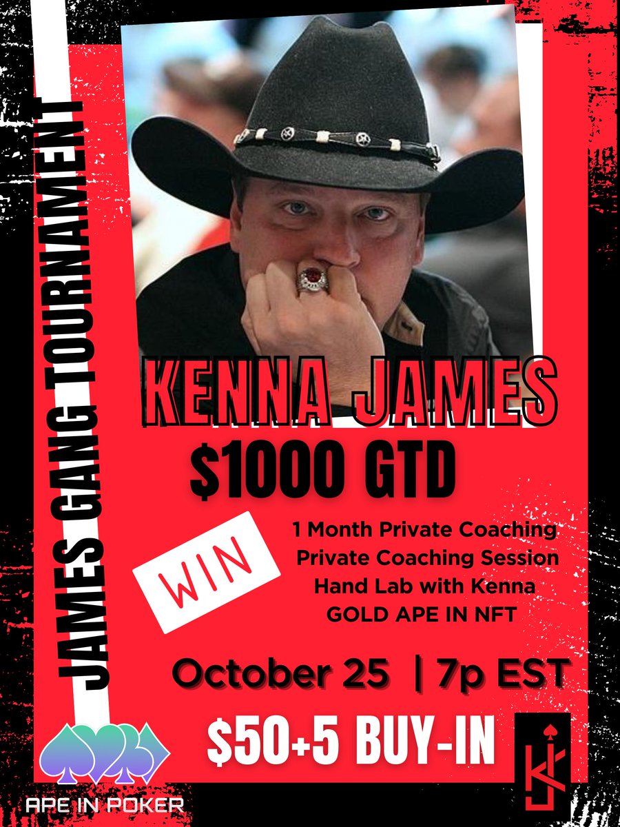 Want to win a seat in our <a href="/Kenna_James/">Kenna James</a> $1000 GTD Poker Tournament? 🎉

1. FOLLOW <a href="/ATSNFT/">Apes Together Strong NFT</a> &amp; <a href="/ApeInPoker/">Ape In Poker</a> 
 
2. RETWEET + TAG 3

3. BE IN THE SPACES BELOW 👇 

x.com/i/spaces/1RDGl…