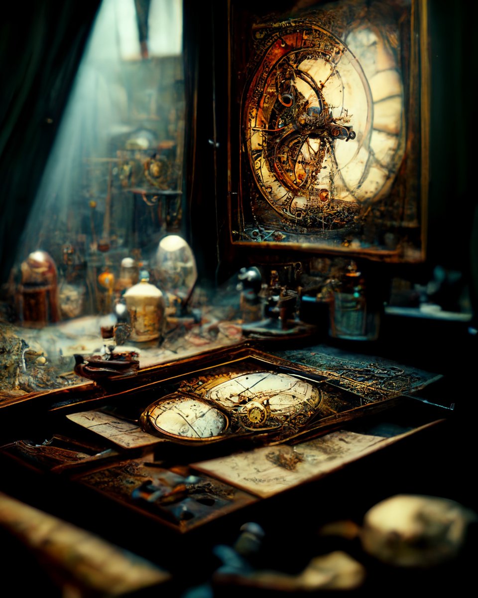 infinityEngines's tweet image. The desk of a time traveller ⏳
#aiArt inspired by the books of The Infinity Engines.

 #digitalart #digitalartist #scifiart #scifi #art #digitalart #sciencefiction #cyberpunk #d #illustration #fantasyart #scifiartwork #conceptart #space #artwork #drawing #scififantasy #fantasy