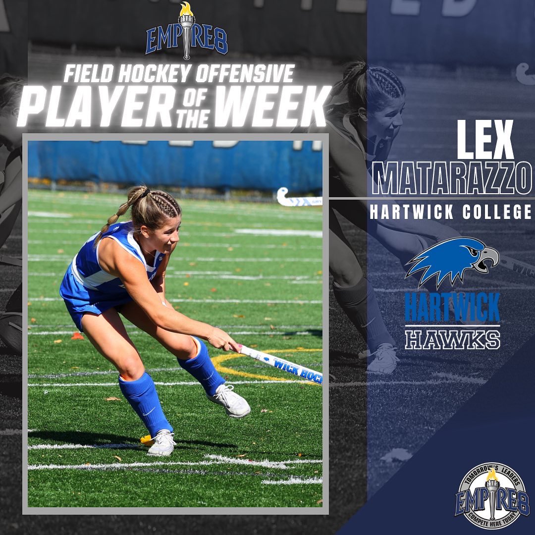 Empire8's tweet photo. Congrats to the #E8 Field Hockey Offensive Player of the Week Lex Matarazzo @HawkTalk @hartwickFH Matarazzo recorded nine points in a pair of Hartwick wins over E8 opponents that clinched a postseason berth!
#E8 #E8proud https://t.co/IEUtCpT3ET
