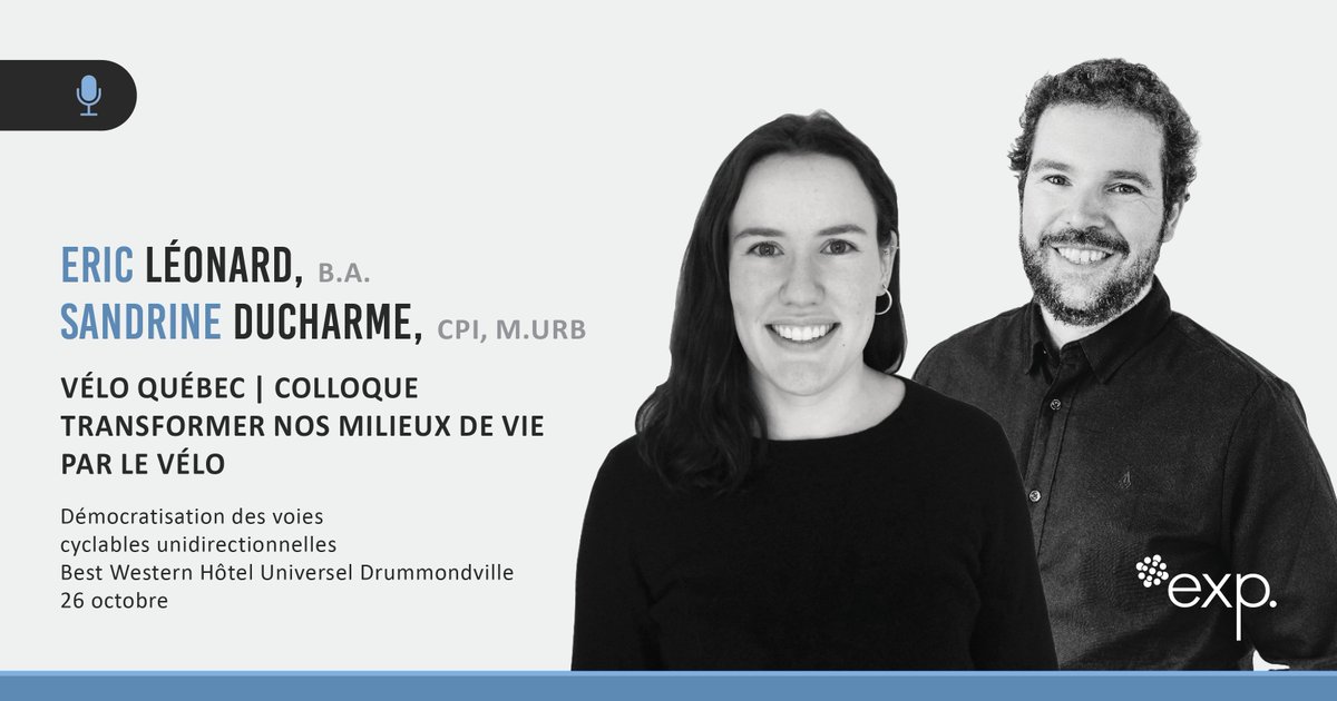 Le 26 octobre, Eric Léonard et Sandrine Ducharme seront au colloque de <a href="/VeloQuebec/">Vélo Québec</a> et partageront leurs connaissances en mobilité durable dans le cadre de leur conférence sur les meilleures pratiques d’aménagement pour le vélo. Inscription > bit.ly/3D1ncI2