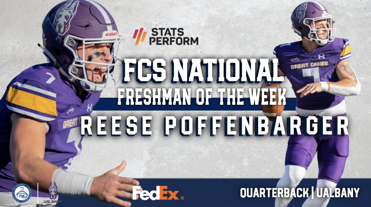 CAAFootball's tweet photo. .@UAlbanyFootball freshman quarterback Reese Poffenbarger has been selected as the FedEx Ground FCS National Freshman Player of the Week by @FCS_STATS

Poffenbarger completed 26-of-35 passes for 337 yards and 4️⃣ TD's in UAlbany’s OT setback to Hampton.

📰 https://t.co/Qk81BZh1Vz https://t.co/rw89GjIDer
