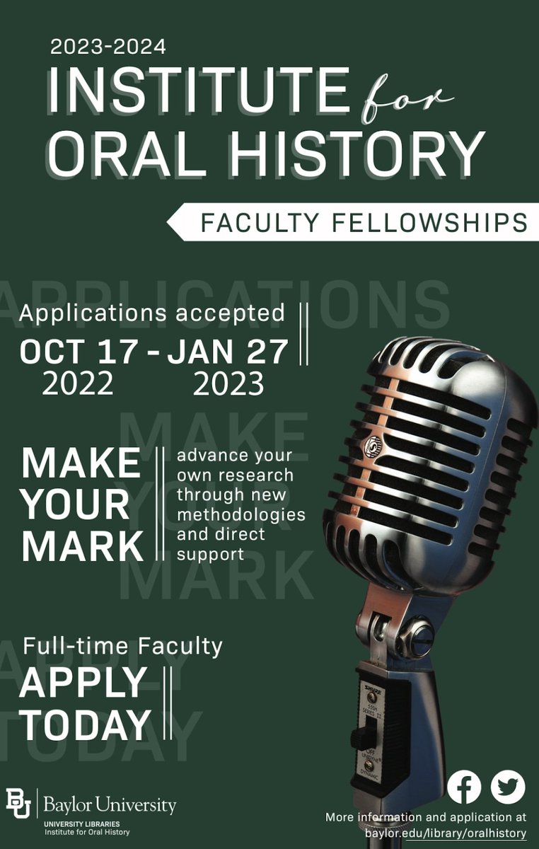 BaylorOH's tweet photo. Calling all @Baylor faculty! If you are considering recording interviews for your #research, we can help fund it! 
Leverage new methodologies and #oralhistory to advance your research. We’ll provide training, support, and a stipend. 

Apply today!
https://t.co/jr6vKN46Wb https://t.co/3q7GMu7mHE