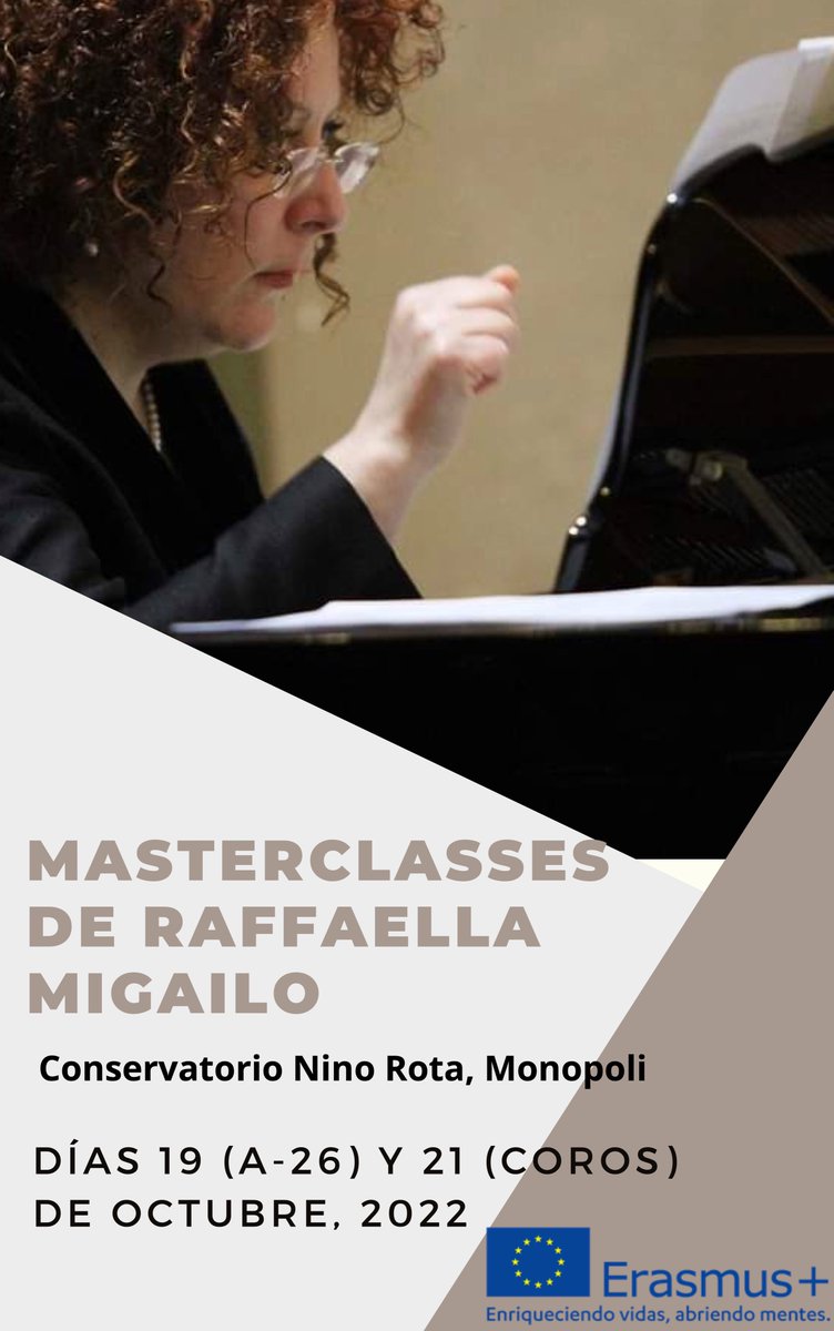 La profesora de Repertorio Vocal, Raffaella Migailo, de Monopoli (Italia), ofrecerá unas clases magistrales sobre Mercadante y recitativos en nuestra Escuela, del  19 al 21 de octubre. 
La entrada es libre para aquéllos que deseen acompañarnos como oyentes, hasta completar aforo