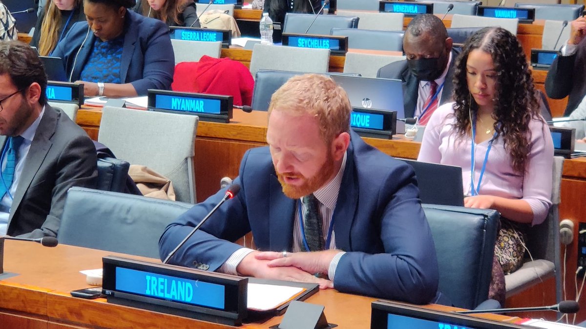 IrishMissionUN's tweet photo. Ireland🇮🇪 delivered a statement @ the nuclear debate of #UNGA 1st Committee, which:

🔹Called for nuclear disarmament
🔹Urged Russia to immediately withdraw from the #Zaporizhzhia nuclear plant
🔹Welcomed 1st meeting of States Party to the Treaty on Prohibition of Nuclear Weapons https://t.co/3XHPxUUU5p