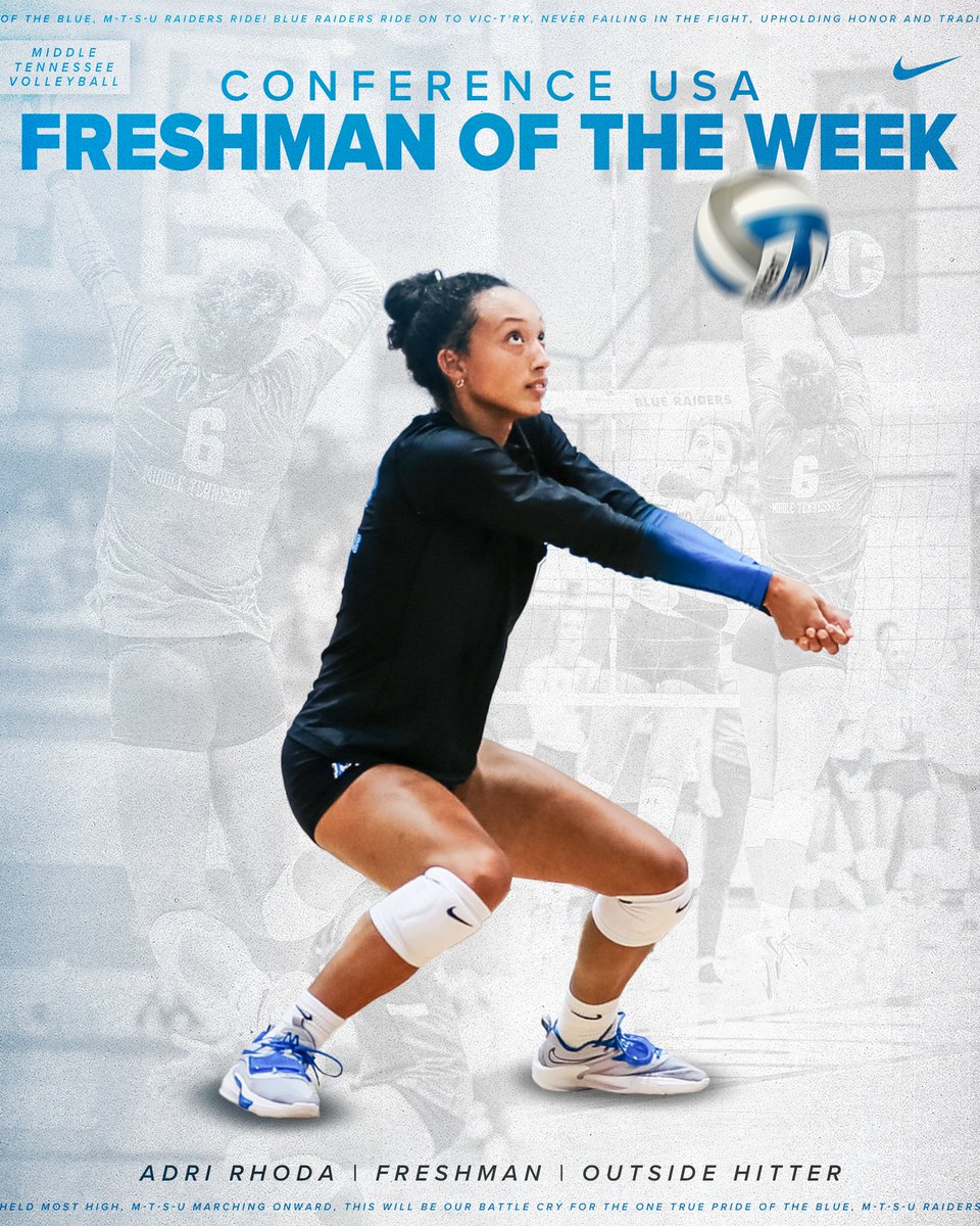 MT_Volleyball's tweet photo. 𝐂-𝐔𝐒𝐀 𝐅𝐫𝐞𝐬𝐡𝐦𝐚𝐧 𝐨𝐟 𝐭𝐡𝐞 𝐖𝐞𝐞𝐤 𝐱𝟒 🔥

Rhoda is just the fifth player in C-USA history to win this honor four or more times, and is the first Blue Raider to earn four weekly honors in a season since 2010.

📰: https://t.co/jG9nTzdKho

#BLUEnited | @adrianarhoda https://t.co/CpZAL5fnOx