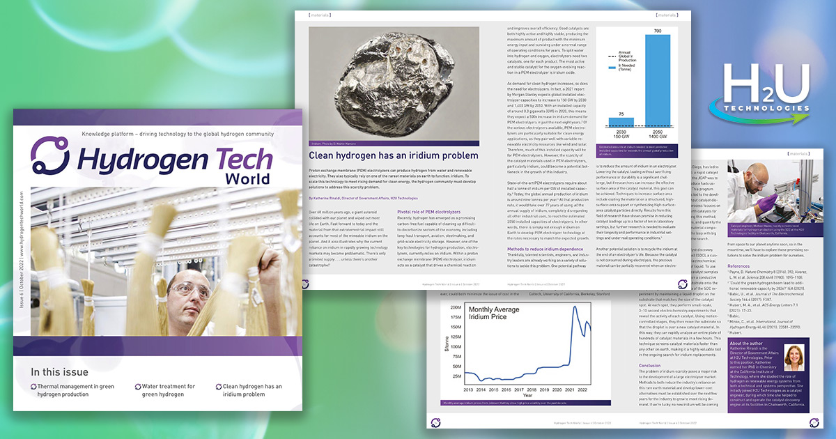 H2uTechnologies's tweet photo. Learn about the iridium problem facing the #GreenHydrogen economy and what H2U is doing to solve it in the latest issue of @H2TechWorld  https://t.co/YldLMcDYlQ https://t.co/BUkKkgGjDg