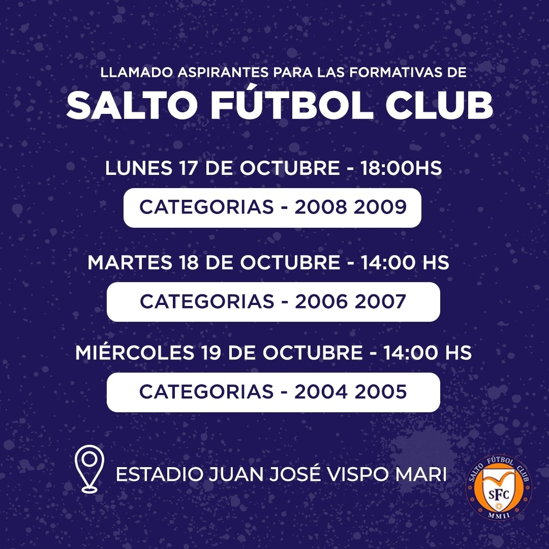 SaltoFC1's tweet photo. ➡️ HOY TE ESPERAMOS EN EL VISPO MARI

Si sos de la generación 2008 o 2009 y querés ser parte del equipo de los Salteños, hoy podes ir a las 18Hs al estadio Vispo Mari y probarte.
Te esperamos!

#ElEquipoDeLosSalteños
#CanteraNaranja
Vamos Salto FC ⚽ 🍊 https://t.co/szZFHWp6Sv