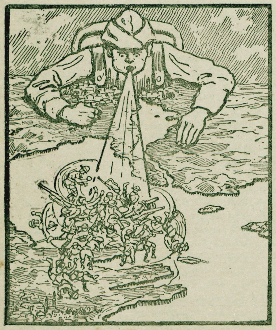 Ottoman cartoon from the First World War (January 1916) showing a soldier blowing the Allied forces away from Gallipoli. Published in Tesviri Efkar newspaper. (via @LibraryLost)