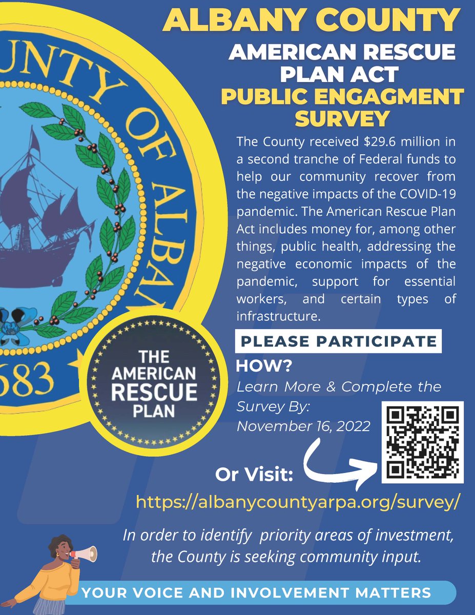 Today I'm proud to join County Comptroller Rizzo &amp; leaders of <a href="/AlbanyNYLeg/">Albany County Leg.</a> to release our American Rescue Plan Act (ARPA) Public Engagement Survey, seeking community input on how to use the 2nd tranche of federal funding secured for Albany County.

(1/2)
albanycounty.com/Home/Component…
