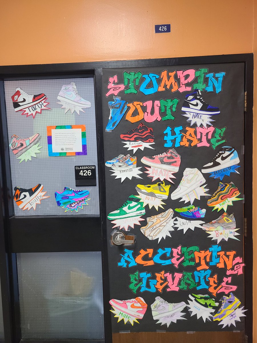 MrsKFC's tweet photo. Acceptance door decoration contest. "Stompin' out hate. Accepting elevates!" #rccba #RCCBAmagnet https://t.co/epxUrBgf8H