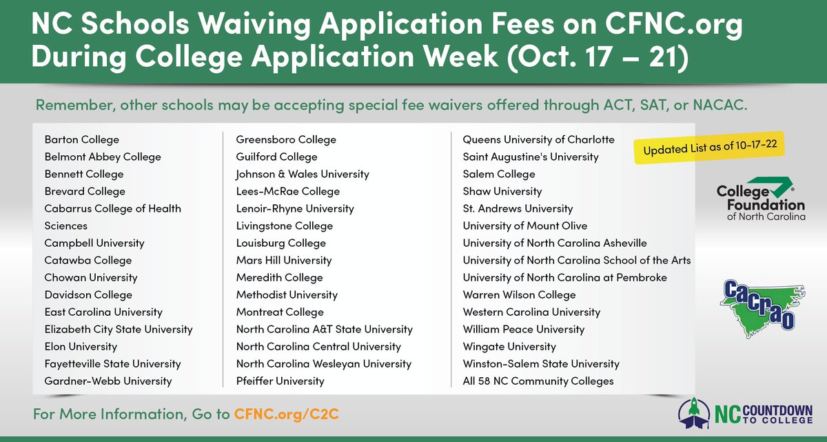 It's College Application Week! Many N.C. schools are waiving application fees on CFNC.org this week. Is your dream school on the list? 

Get started: bit.ly/2RTCm9W

#CollegeApplicationWeek #NCCountdowntoCollege #CFNC #ApplytoCollege #NCColleges