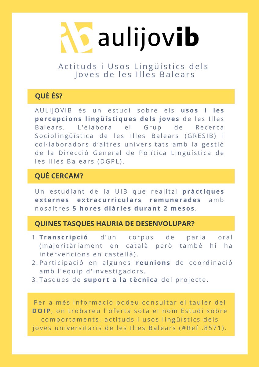 aulijovib's tweet photo. 🟡Atenció, estudiants de la @UIBuniversitat

Encara hi ha una plaça vacant per a realitzar les pràctiques externes extracurriculars remunerades amb nosaltres.

No t'ho pensis més i apunta't a l'oferta. La trobaràs al tauler d'ofertes del @DOIP_UIB https://t.co/MUbb0P258T