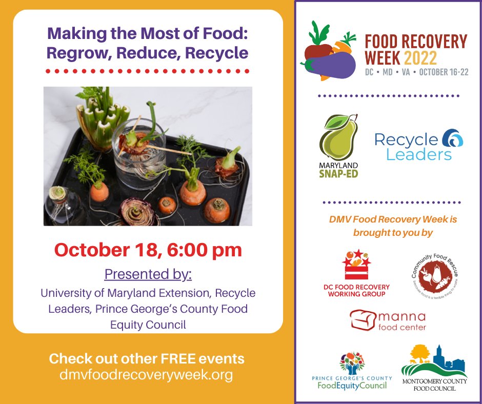pgcfec's tweet photo. Happening TOMORROW!! Join @recycleleaders and #EatSMartMD on Oct 18 to learn about using your kitchen scraps to regrow your produce at home! Get tips on making the most of your produce and reducing food waste at home. Register at https://t.co/9STNhTmTMd
#DMVFoodRecoveryWeek https://t.co/DUueFKHaJE