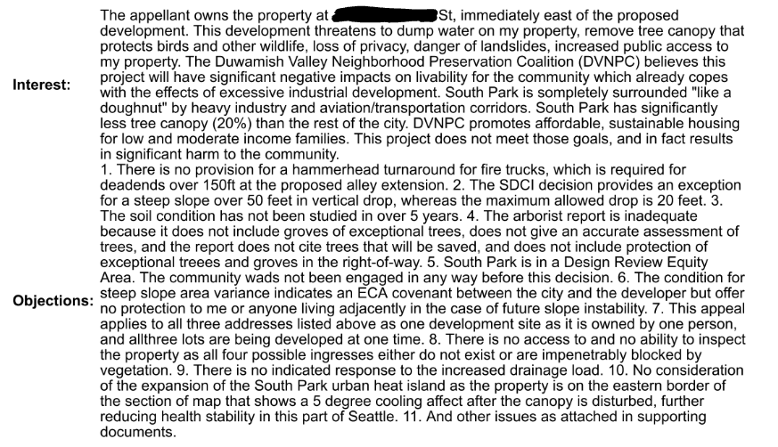 HearingSeattle's tweet photo. A resident of South Park has appealed a land use decision allowing 3 single family homes to be constructed on 3 separate adjoining lots. The appellant includes a laundry list of alleged issues with the permit, including loss of tree canopy &amp; potential heat island expansion. https://t.co/xQImtluDNC
