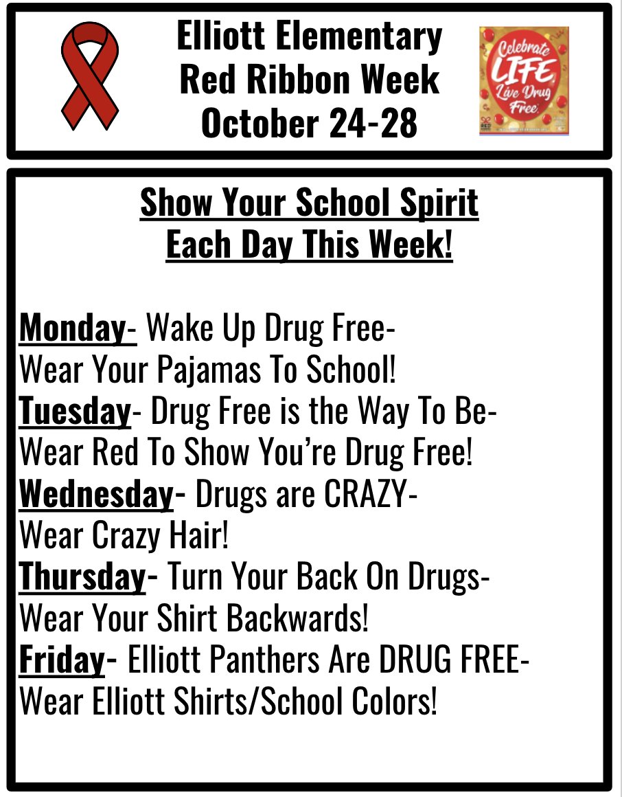 ElliottPanthers's tweet photo. Let's get ready to celebrate Red Ribbon Week at Elliott. #PantherPride https://t.co/pwpB2i56gl