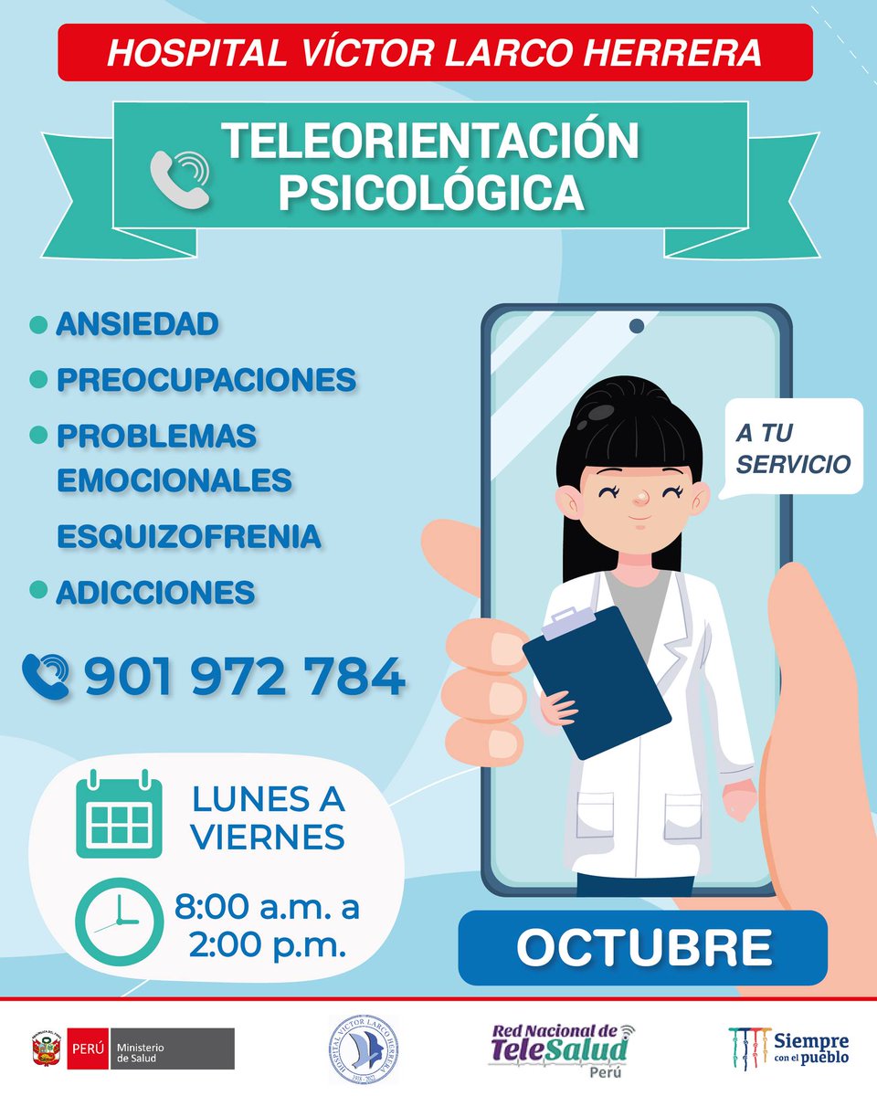 hlarcoherrera's tweet photo. #TeleorientaciónPsicológica | El HVLH reafirma su compromiso de cuidar la salud mental de la población. 
🗓Fechas: 03 al 31 de octubre
⏰Horario: 8:00 am a 2:00 pm
#HospitalVíctorLarcoHerrera #SaludMental #MinsaPerú #DirisLC https://t.co/Jzs554opJp