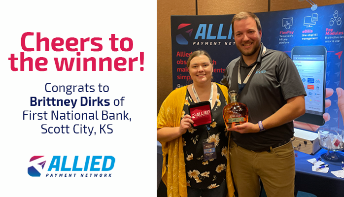 Another partner conference, another lucky winner! 

<a href="/AlliedPayment/">Allied Payment</a> was thrilled to give a bottle of #KyBourbon to Brittney Dirks of First National Bank, Scott City, KS as part of our prize drawing at the <a href="/InsiteBanking/">Automated Systems</a> Connection 2022 Conference.