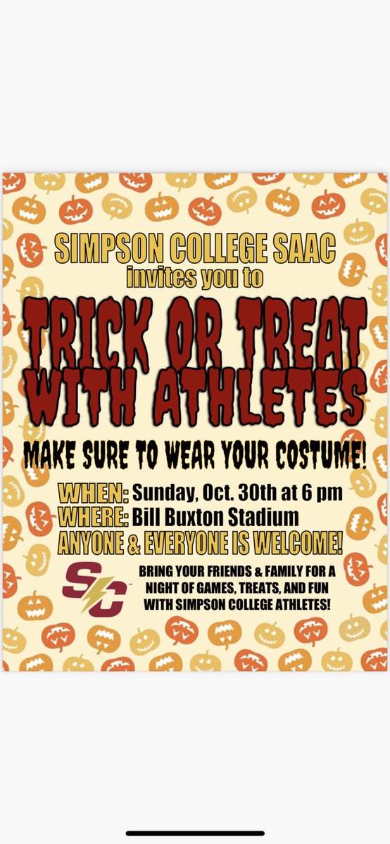 simpson_SAAC's tweet photo. SAAC will be having its annual Trick or Treat with Athletes on October 30th at 6pm! Everyone is welcome and we hope to see you there!! https://t.co/rmx8J6JvJd