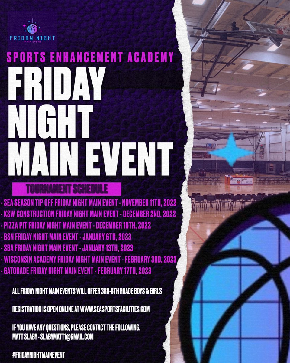 SEAFacilities's tweet photo. Our first Friday Night Main Event is just under a month away‼️

The SEA Season Tip Off is set for Friday, November 11th at @SEAFacilities‼️

Register ONLINE: https://t.co/EOCd0DoNQB

#FridayNightMainEvent #SEA https://t.co/zSnuWk3gDo
