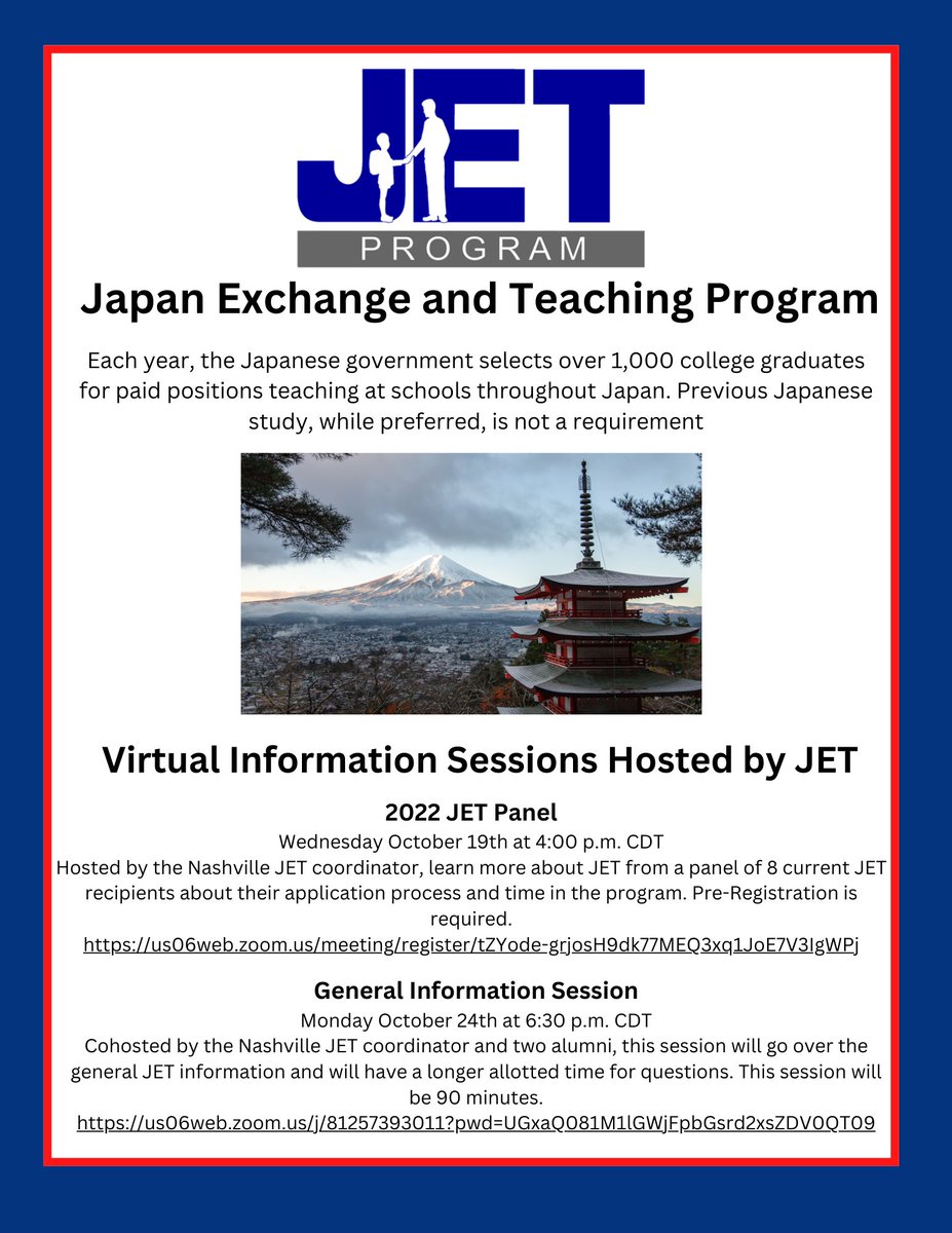 MtsuUfo's tweet photo. Interested in the JET program? The Nashville JET coordinator will be hosting virtual information sessions leading up to the application deadline on November 18th! 

If you have any application questions or concerns, please reach out to Laura Clippard at Laura.Clippard@mtsu.edu. https://t.co/phkwJeHi4t