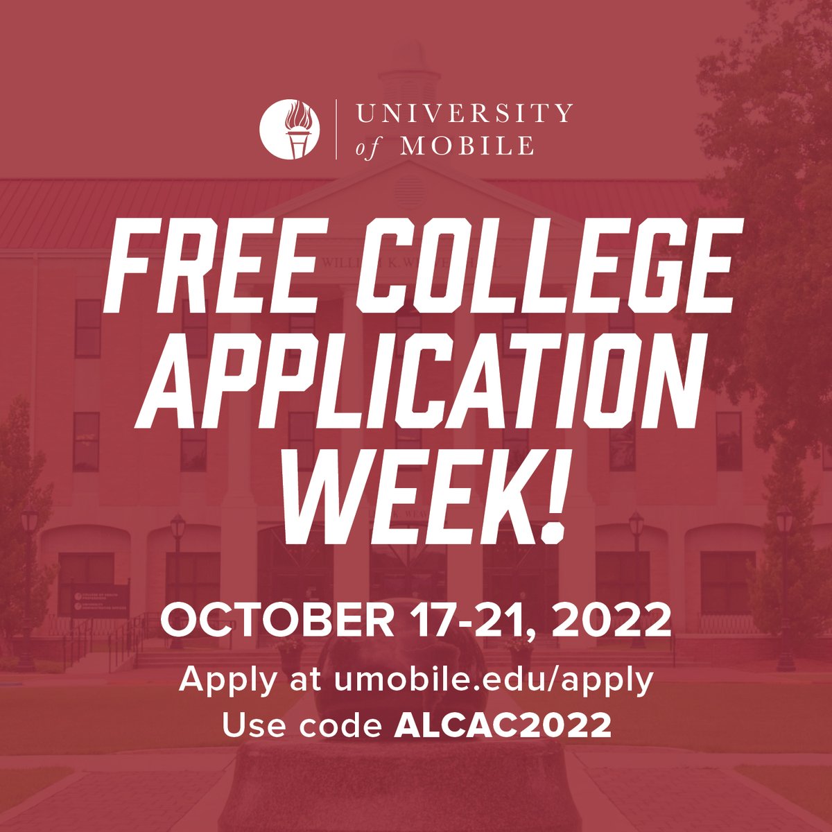 univofmobile's tweet photo. It's FREE college application week! Submit your applications at https://t.co/KFEdGM8q52 and use code ALCAC2022. #FreeCollegeApplicationWeek #UniversityofMobile https://t.co/TBMZFzxy3W
