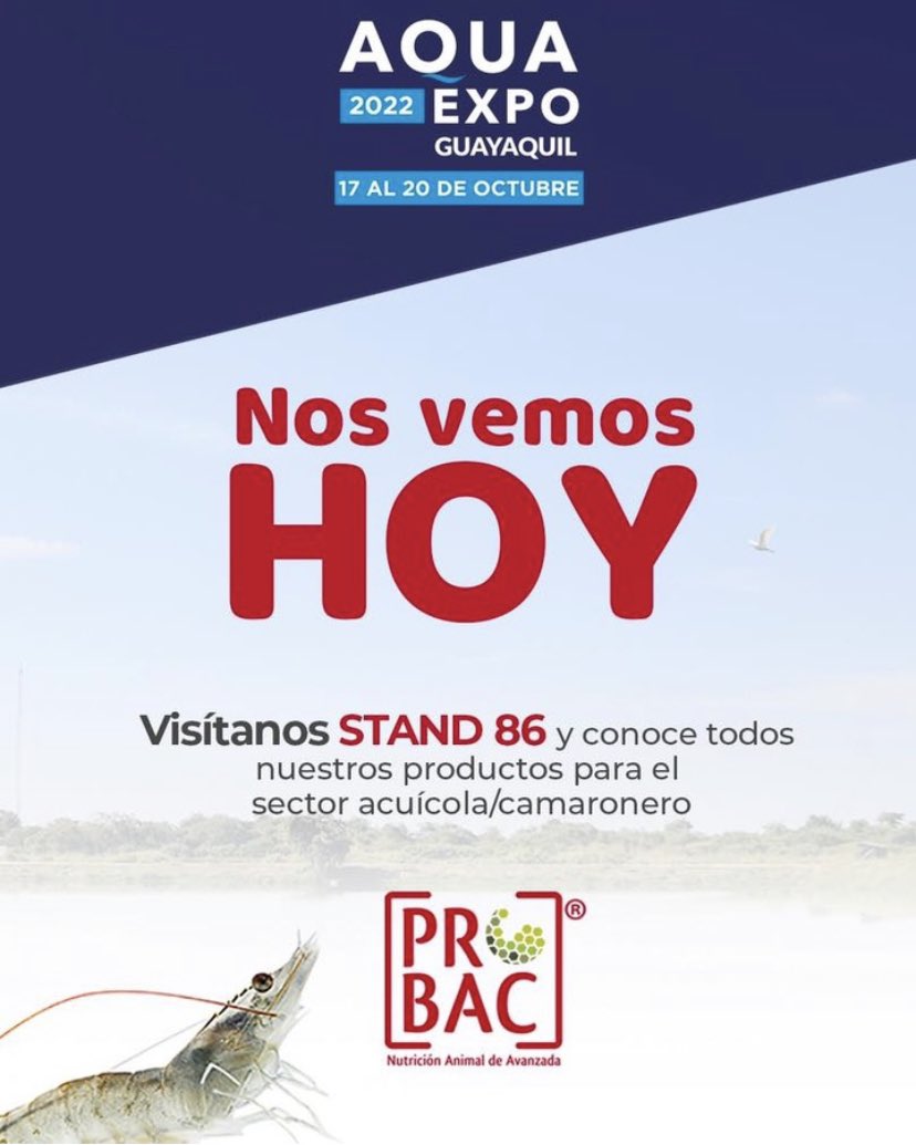 PROBACSA's tweet image. ¡Es Hoy!  empieza el AQUAEXPO 2022 Guayaquil y. Acompáñennos en nuestro Stand Nro. [86] . Los esperamos 🎉🎉🎉
——————————————————————. 
🦐| AQUAEXPO 2022
📆| 17 al 20 Oct
📍| Centro de Convenciones
—————
PROBAC 

 #gye #probac #acuicola #camaron #aquaexpo #evento #camaronero