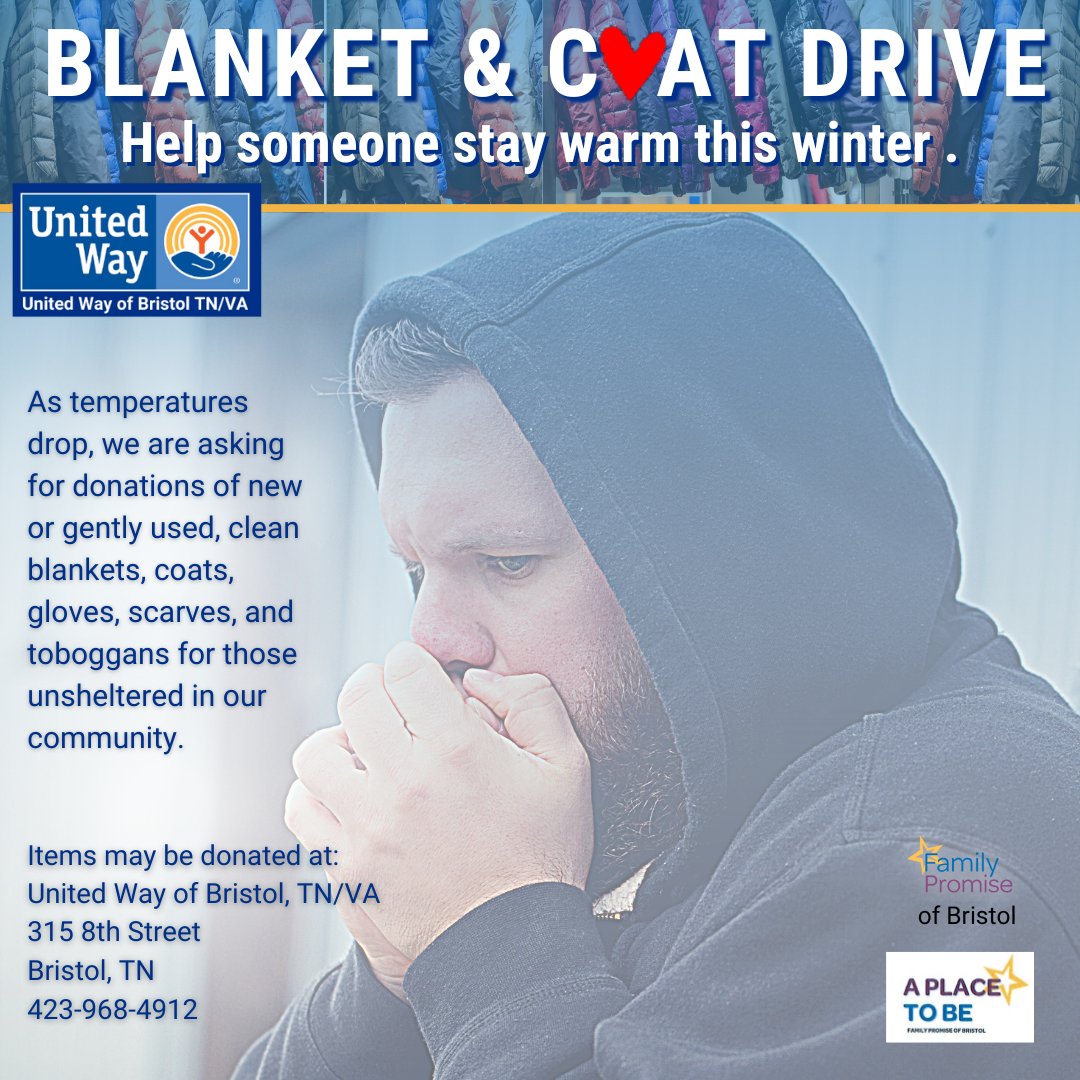 UWBristol's tweet photo. Join us in sharing warmth! Make this winter a little warmer for the unsheltered in our community by contributing to our Blanket &amp; #CoatDrive. 

You may drop off new or gently used donations to our office, which is located at:
United Way of Bristol TN/VA
315 8th Street
Bristol, TN https://t.co/hh2nALWOAi