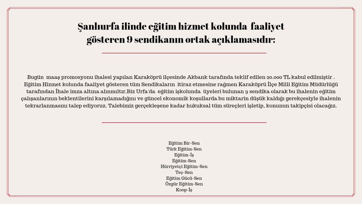 Basına ve kamuoyuna!!
Eğitim Hizmet kolunda faaliyet gösteren sendikalar olarak ortak talebimizdir.
<a href="/ebs1sanliurfa/">EBS Şanlıurfa 1</a> <a href="/EgitimsenUrfa/">egitimsen urfa</a>  <a href="/KarakusHikmet63/">Hikmet Karakuş</a> @SenSanliurfa 
<a href="/ozguregitimurfa/">Özgür Eğitim-Sen Şanlıurfa</a> <a href="/urfaegitimgucu/">Şanlıurfa Eğitim Gücü Sen</a>  <a href="/sedatkayaokay/">Sedat KAYAOKAY (SEYHANLI)Resmi Hesabı.🇹🇷</a> 
#KaraköprüMem20BineRED