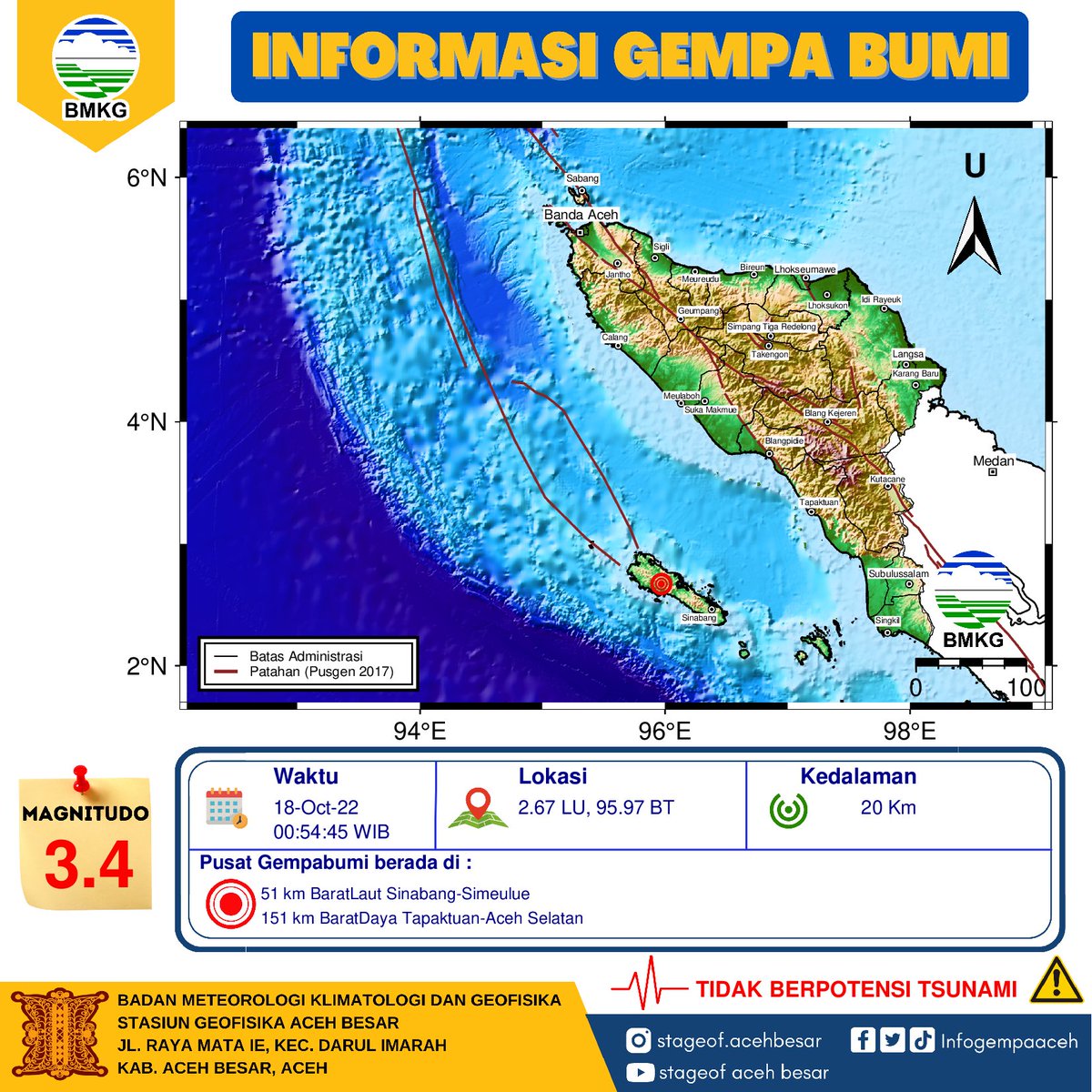infogempaaceh's tweet photo. Info Gempa Mag:3.4 SR, 18-Oct-22 00:54:45 WIB, Lok:2.67 LU,95.97 BT (49 km BaratLaut SINABANG-ACEH), Kedlmn:20 Km ::BMKG

#gempa #infogempa #infobmkg #BMKG https://t.co/W7jwRMrOFi