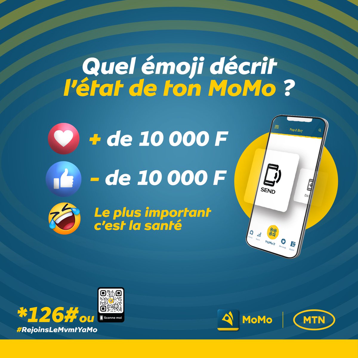 MTNCameroon's tweet photo. Quand tu regardes le solde de ton compte MoMo, tu mets le cœur ou alors le plus important c'est la santé?🤭
N'oublie pas, avec tes 5 000F tu peux inverser la cadence et peut-être gagner 100 000F.🤫
#MoMoBackToSchool #ReseauIndomptable https://t.co/yzIg9Q4yIi
